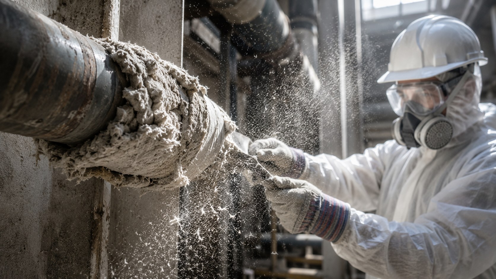 Worker in protective equipment inspecting disturbed pipe insulation where airborne asbestos fibers may be released