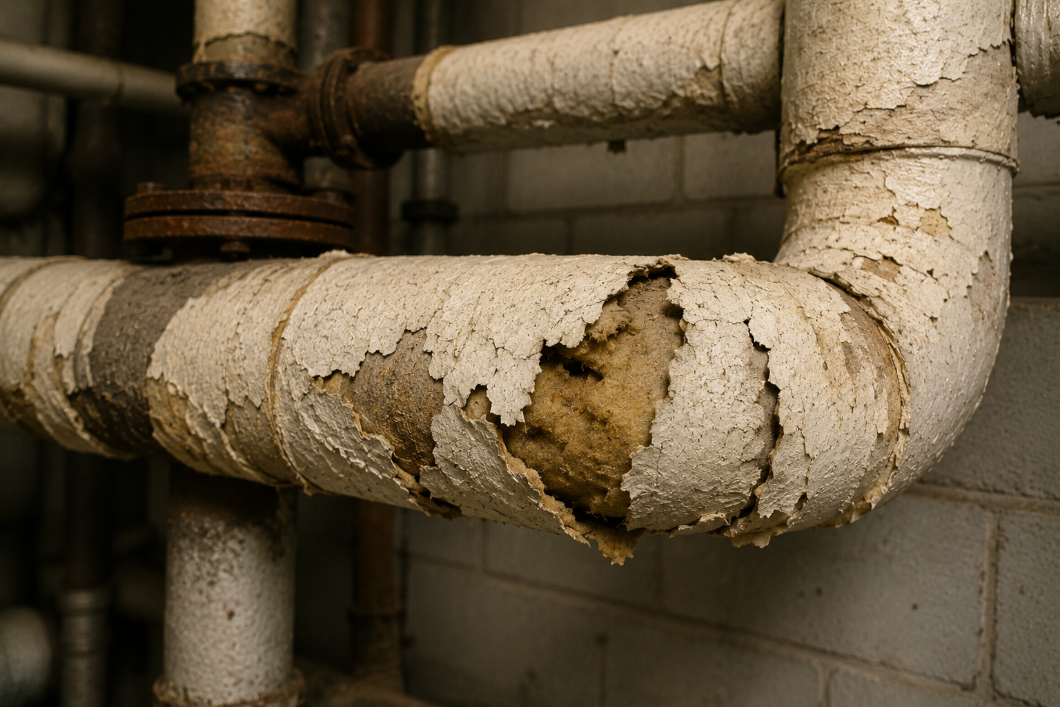 Close-up of deteriorated older pipe insulation in a mechanical space