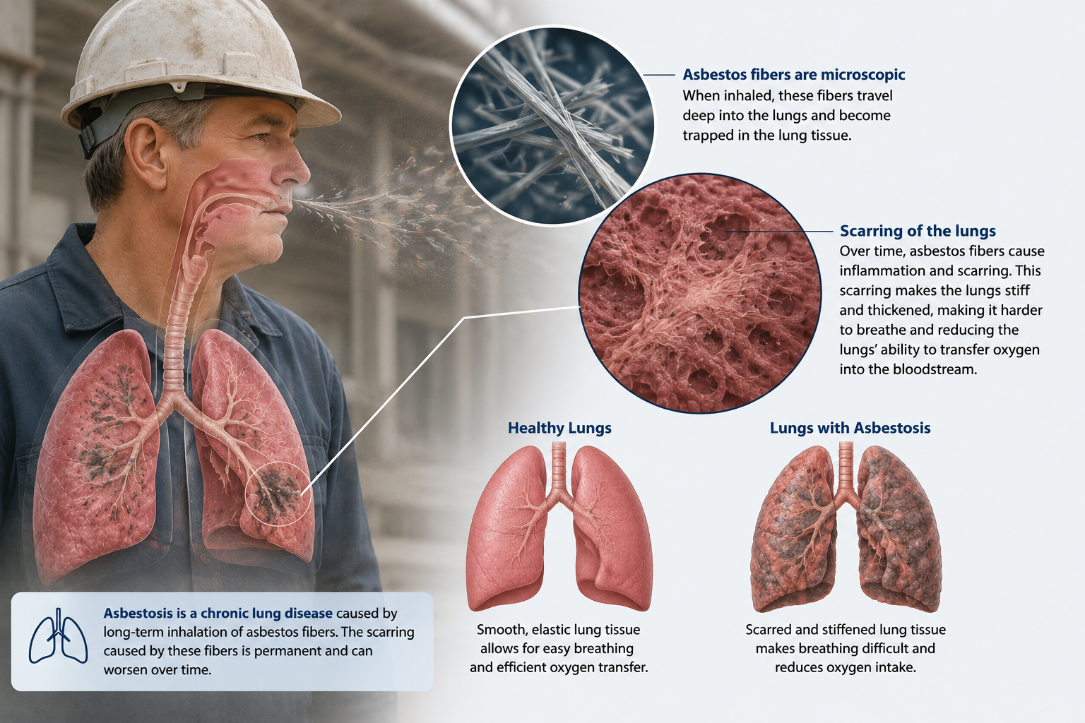 Educational diagram showing asbestos fibers, lung scarring, healthy lungs, and lungs with asbestosis