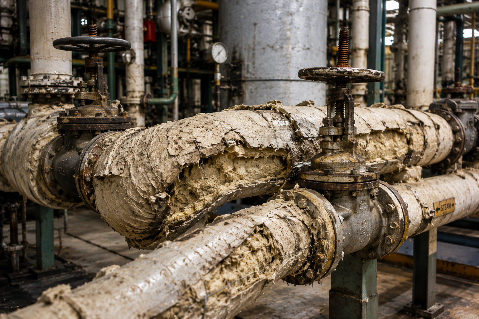 Deteriorated asbestos-style pipe insulation around industrial valves and piping