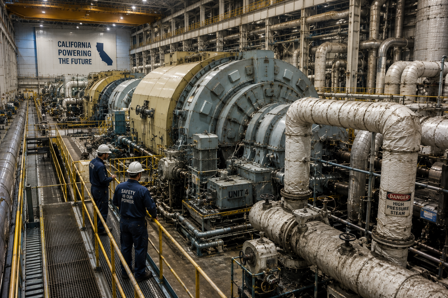 California power plant turbine hall with steam piping and workers