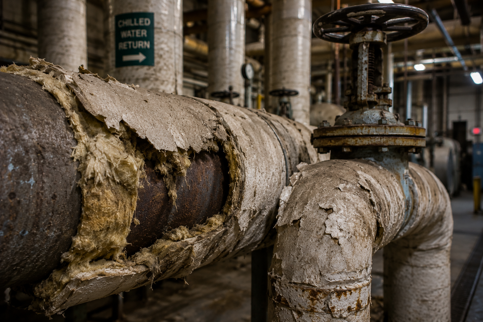 Deteriorated asbestos-style pipe insulation around industrial valves and piping