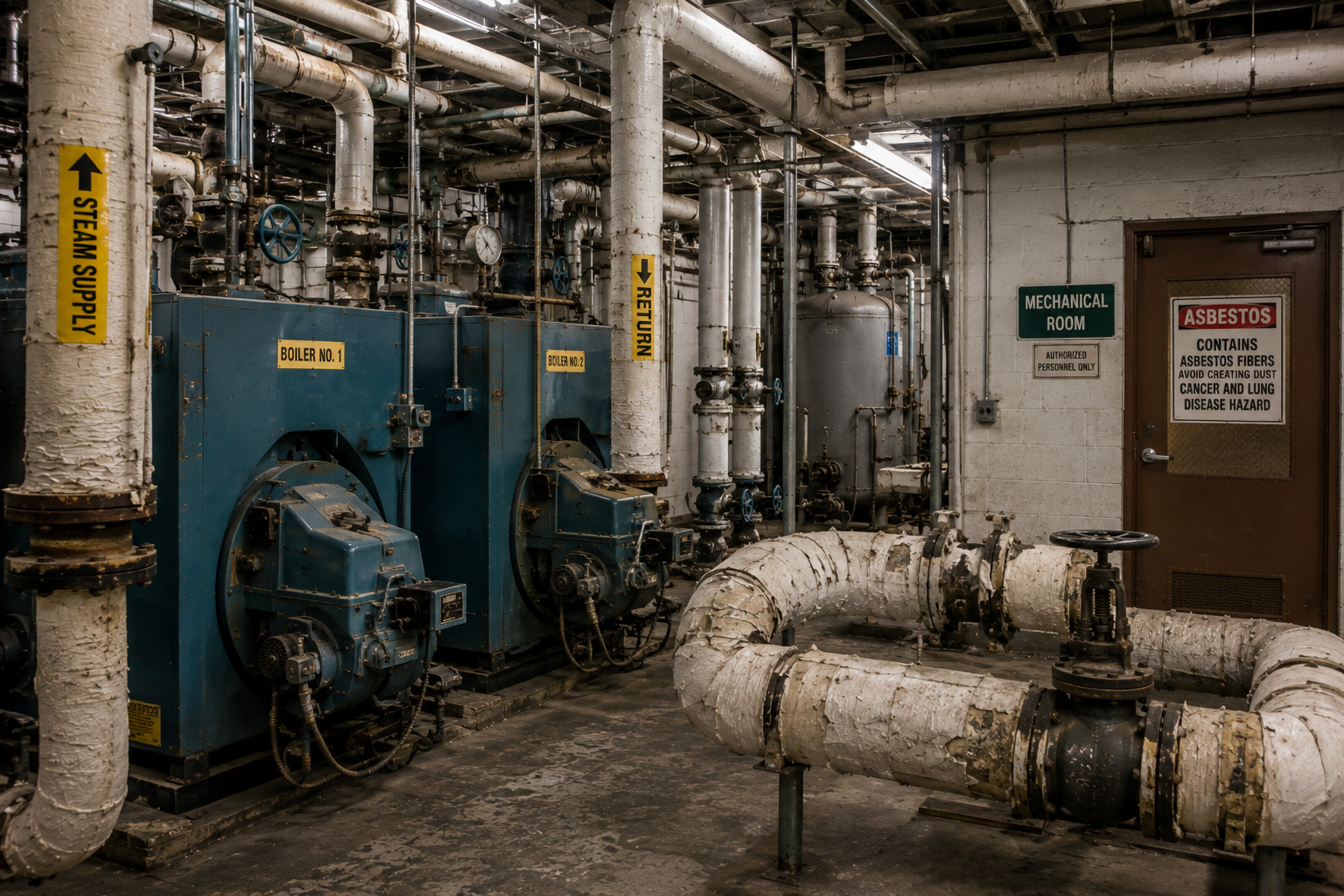 Older New York school or hospital mechanical room with boilers and insulated piping