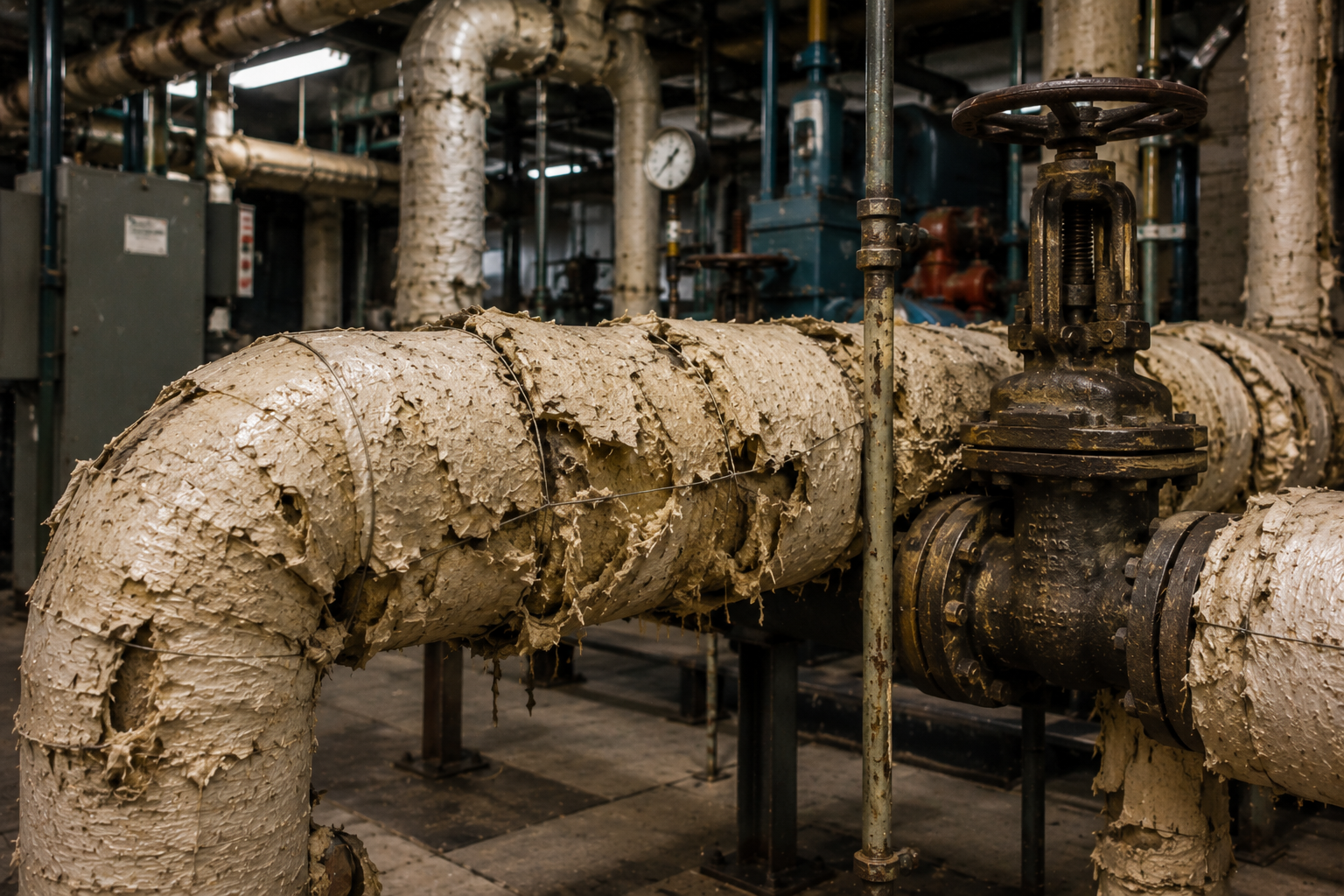 Deteriorated asbestos-style pipe insulation around industrial valves and piping