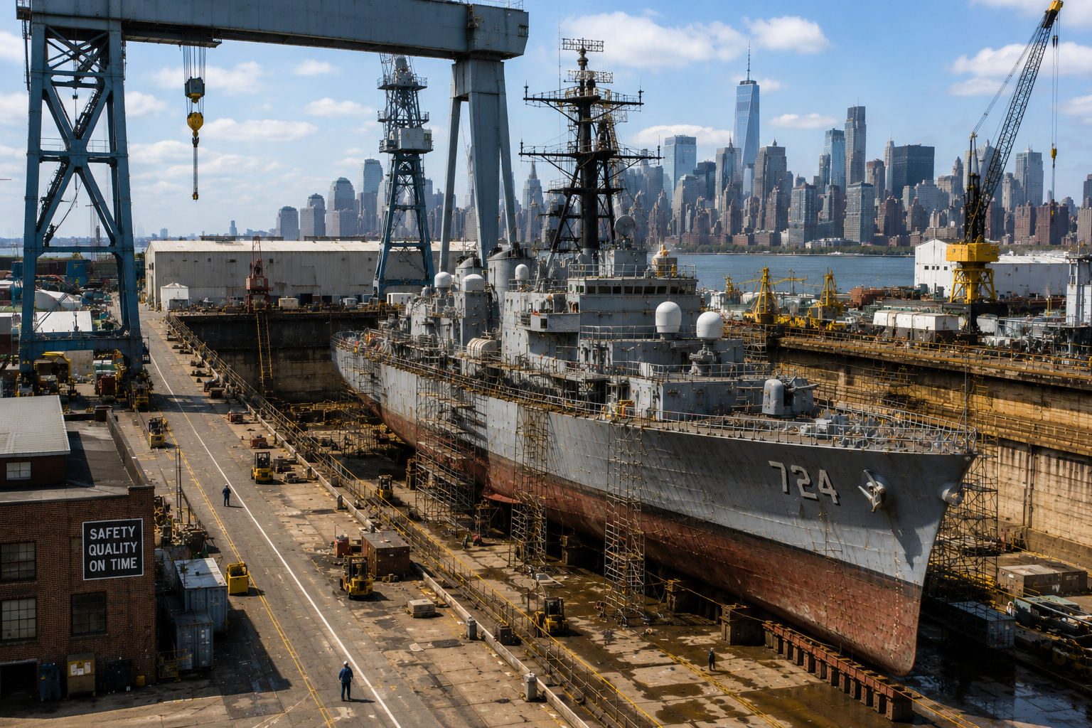 New York shipyard with a large vessel in dry dock and city skyline