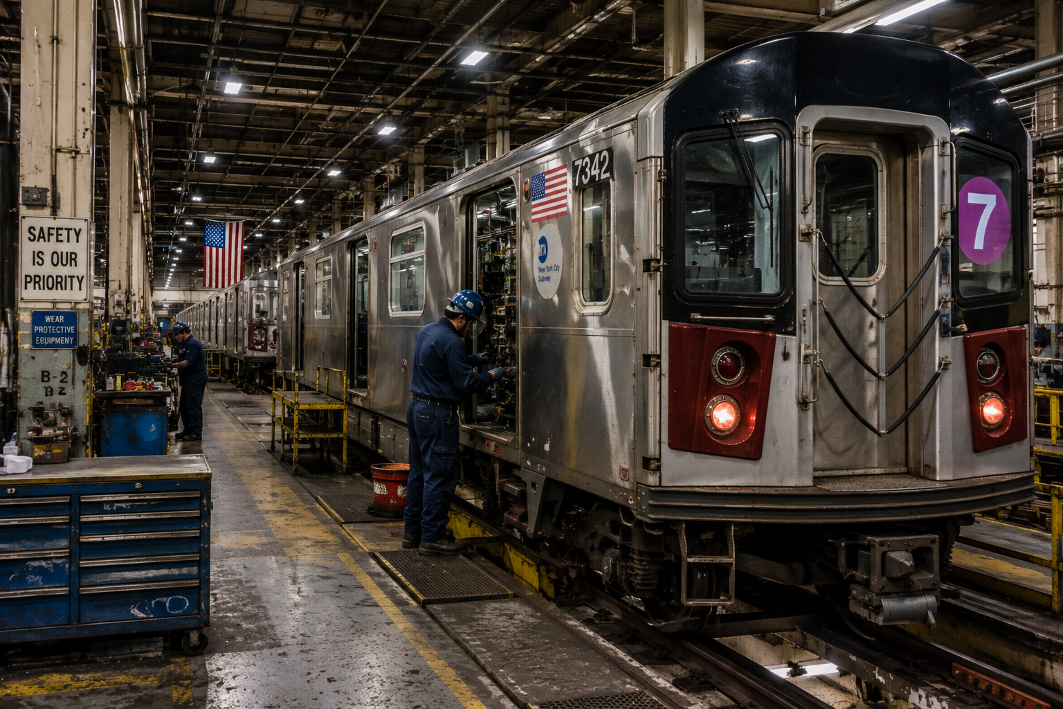 New York subway maintenance facility with a train and workers