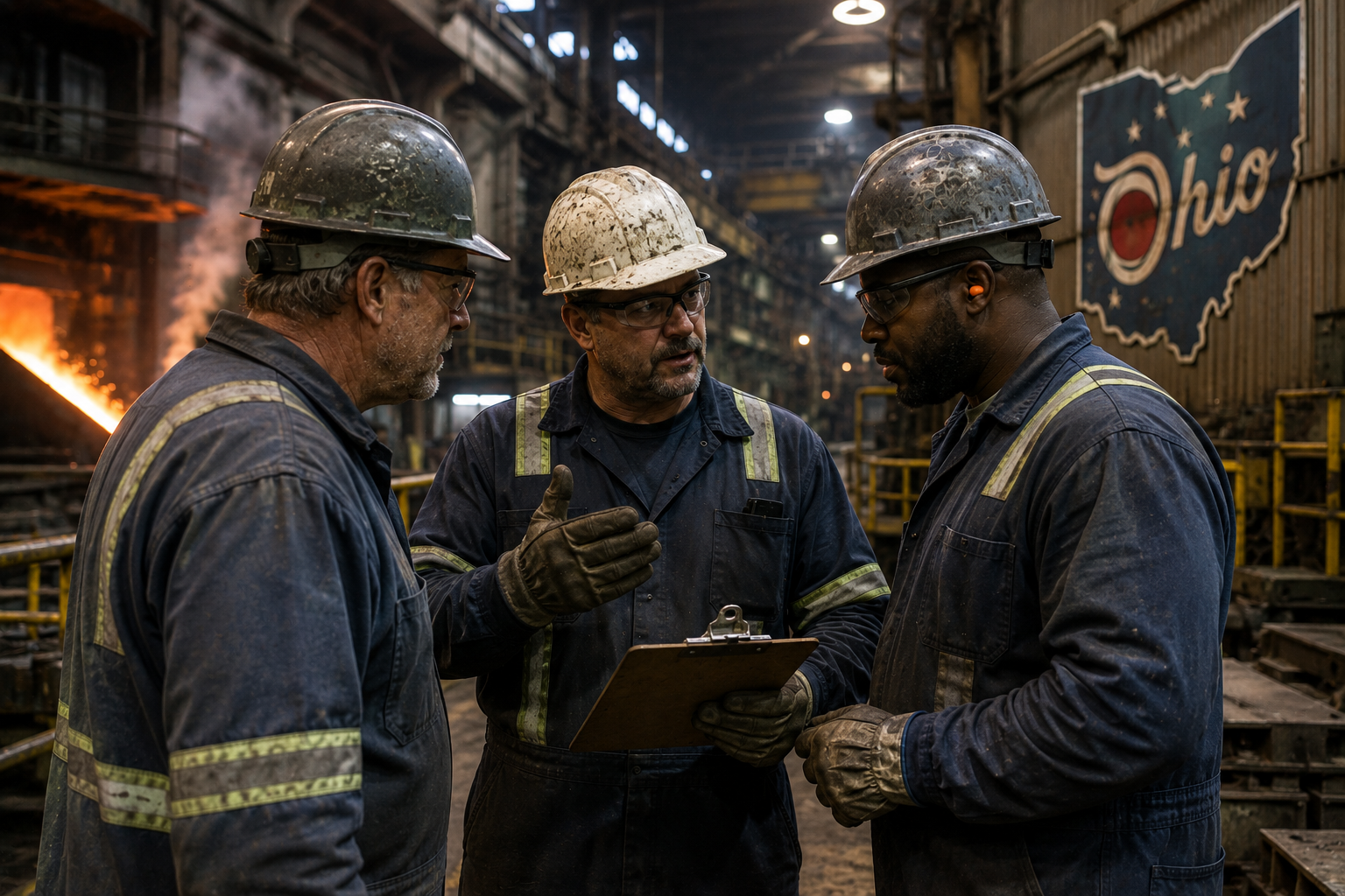 Industrial workers in an Ohio steel mill reviewing work near heavy equipment