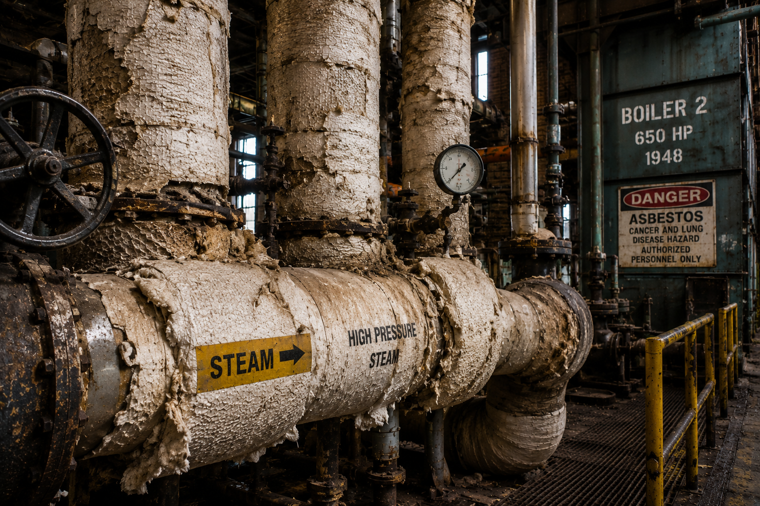Older deteriorated insulated steam piping in a mechanical room