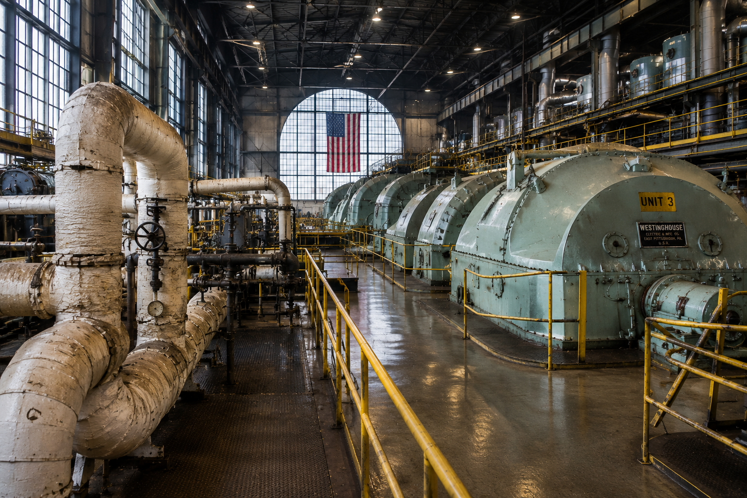 Large turbine hall and power plant equipment with insulated steam piping