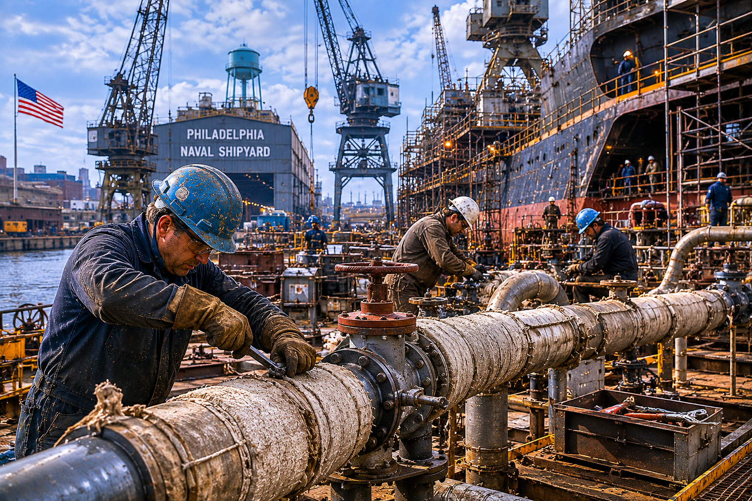 Philadelphia-style shipyard with workers and insulated pipe systems