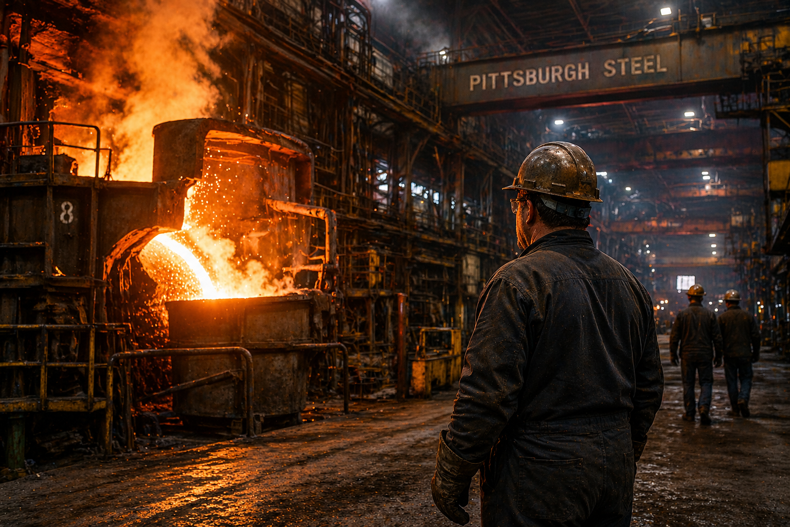 Pennsylvania-style steel mill with molten metal and industrial workers
