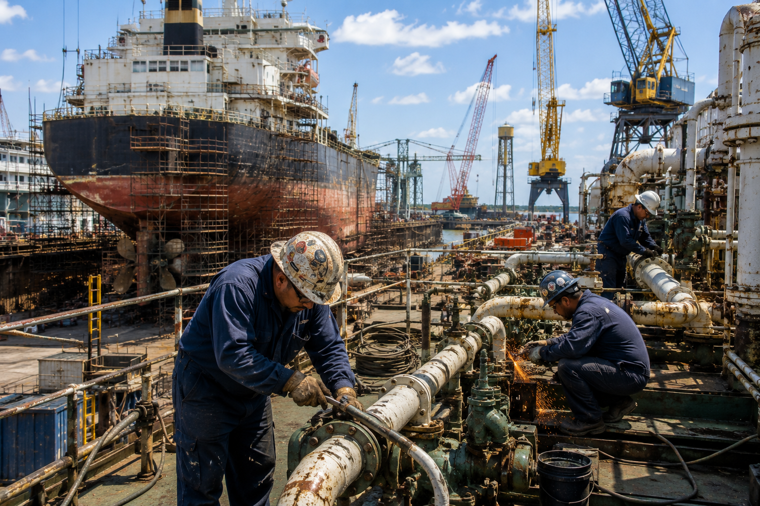 Texas Gulf Coast shipyard workers repairing piping and vessel equipment