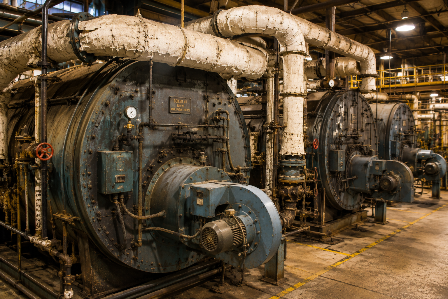 Industrial boiler room with older insulated piping and mechanical equipment