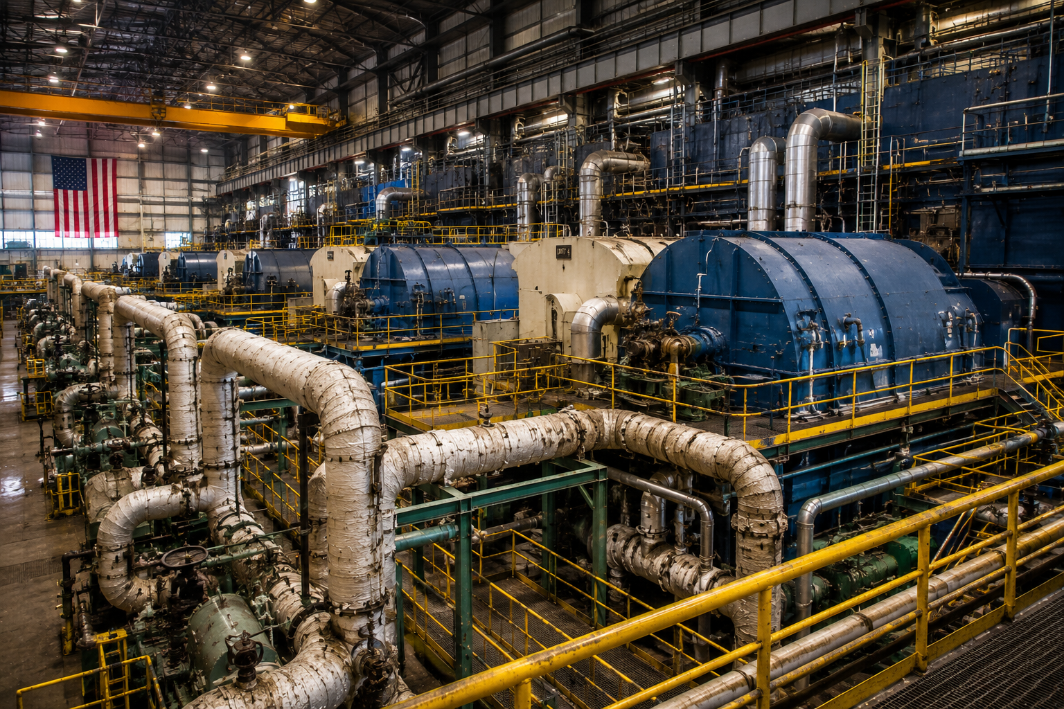 Large Texas power generation facility with turbines and insulated steam piping