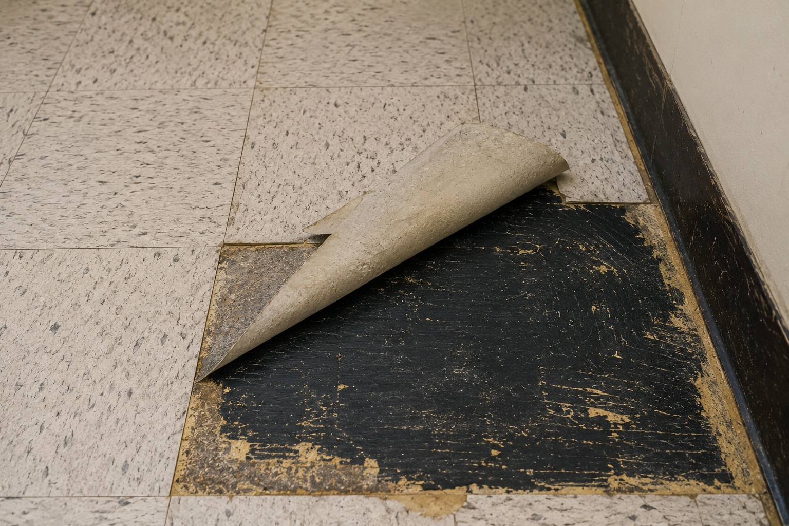 Older vinyl floor tile with black adhesive mastic