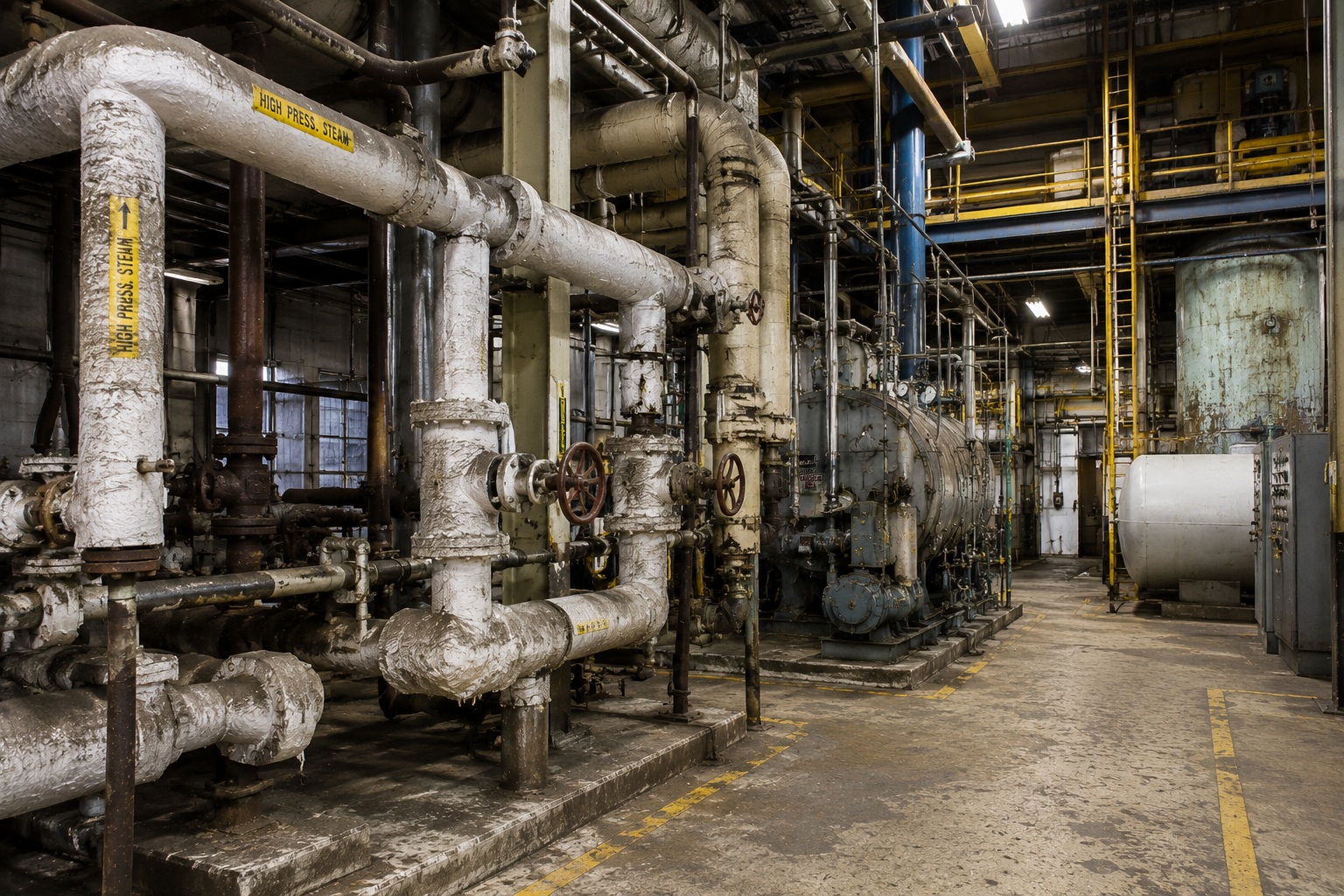 Industrial mechanical room with piping systems and older insulation